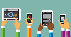 Various hands holding mobile devices displaying different interfaces, representing digital engagement and technology use.