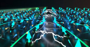 Visual representation of magnetic field lines and electron spins in a material, illustrating concepts in quantum physics.